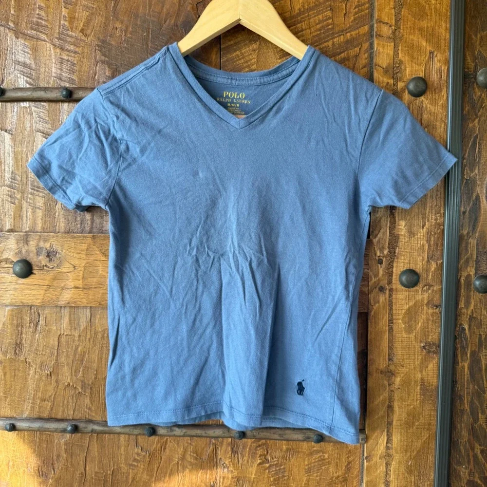 Polo Ralph Lauren Kids Blue V-Neck T-Shirt Short Sleeve Pony Logo Size Medium